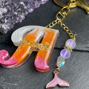 Orange, Pink and Cream Letter “A” Keychain with Gold Accents & Mermaid Charm